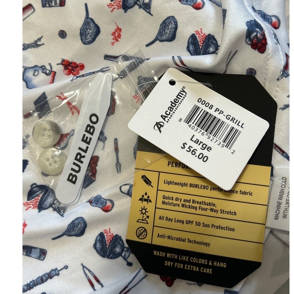 Burlebo Mens Performance Polo Shirt Large White BBQ Grill Print UPF 50 NWT - Picture 8 of 12